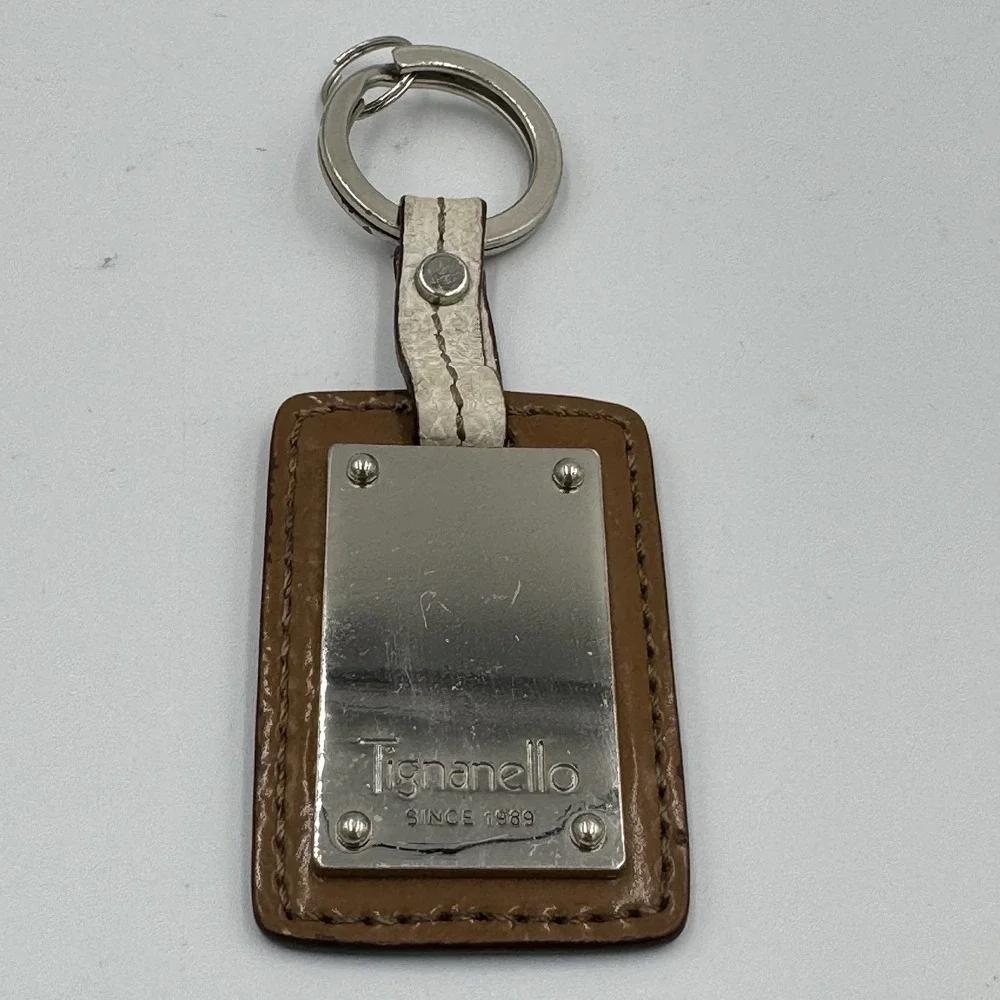 Tignanello Black Leather Silver Metal Key‎ Fob Bag Charm Keychain Hang Tag